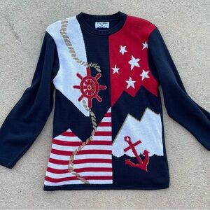 Vintage Nautical Sweater Red White Blue Anchors Stars Stripes By Alfred Dunner